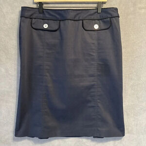 Burberry London Pencil Midi Skirt Size‎ 12 Navy Blue Cotton Kick Pleat Sailor